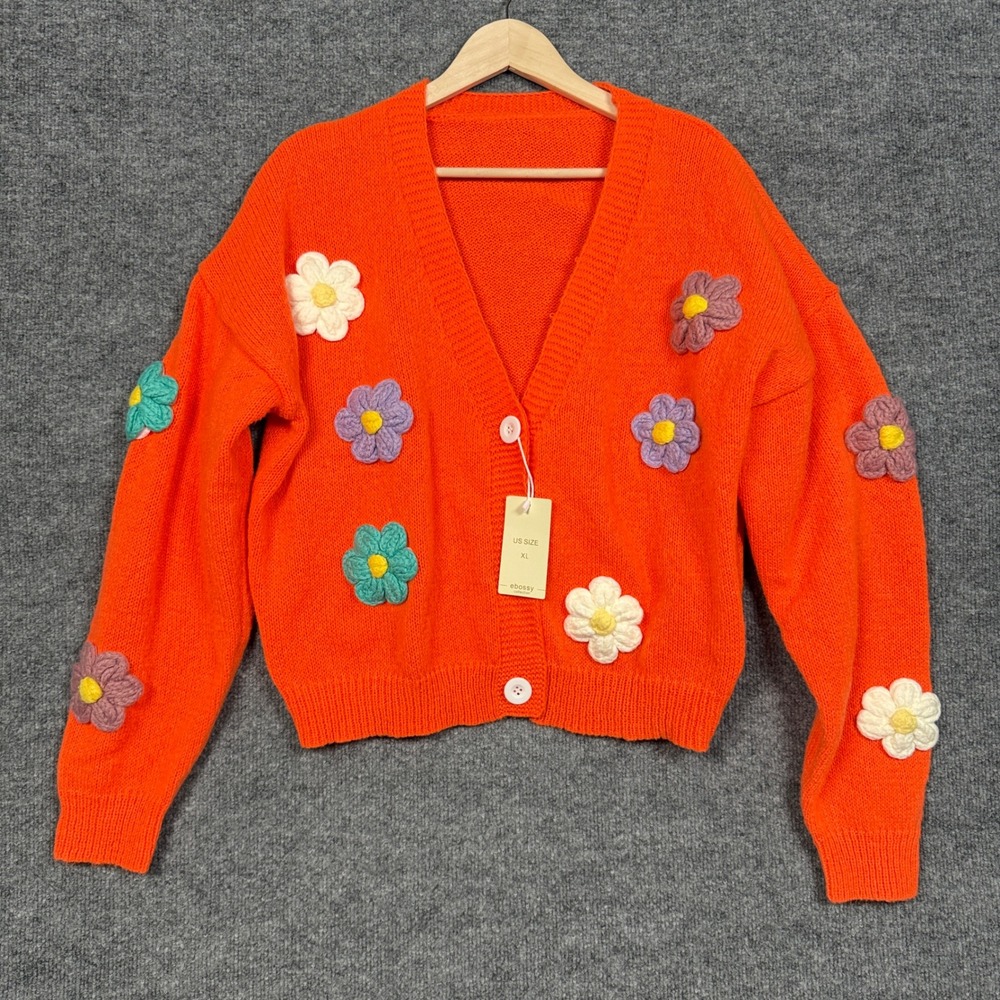 New Ebossy Size XL Cardigan Orange Embroidered Daisy Flower Retro Artsy Teacher